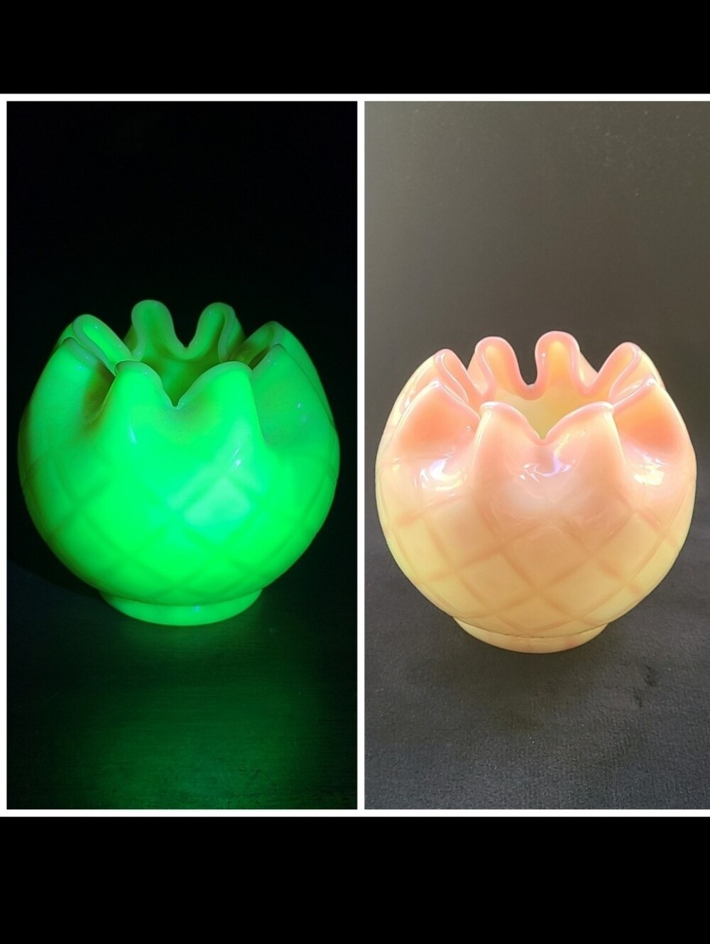 Fenton Burmese Glossy Diamond Optic Uranium Rose Bowl